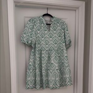 Pauline dress by Avara- Green print Puff Sleeve Mini Dress